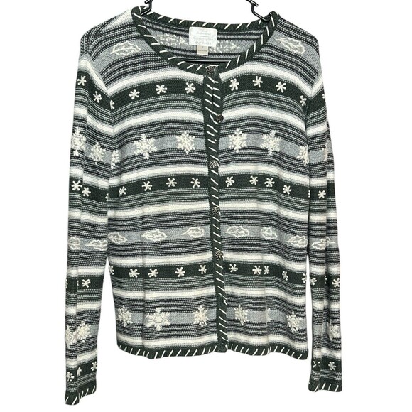 VTG Snowflake Winter Knit Button Fall Holiday Green Cardigan Hand Embroidered Sm - Picture 1 of 13